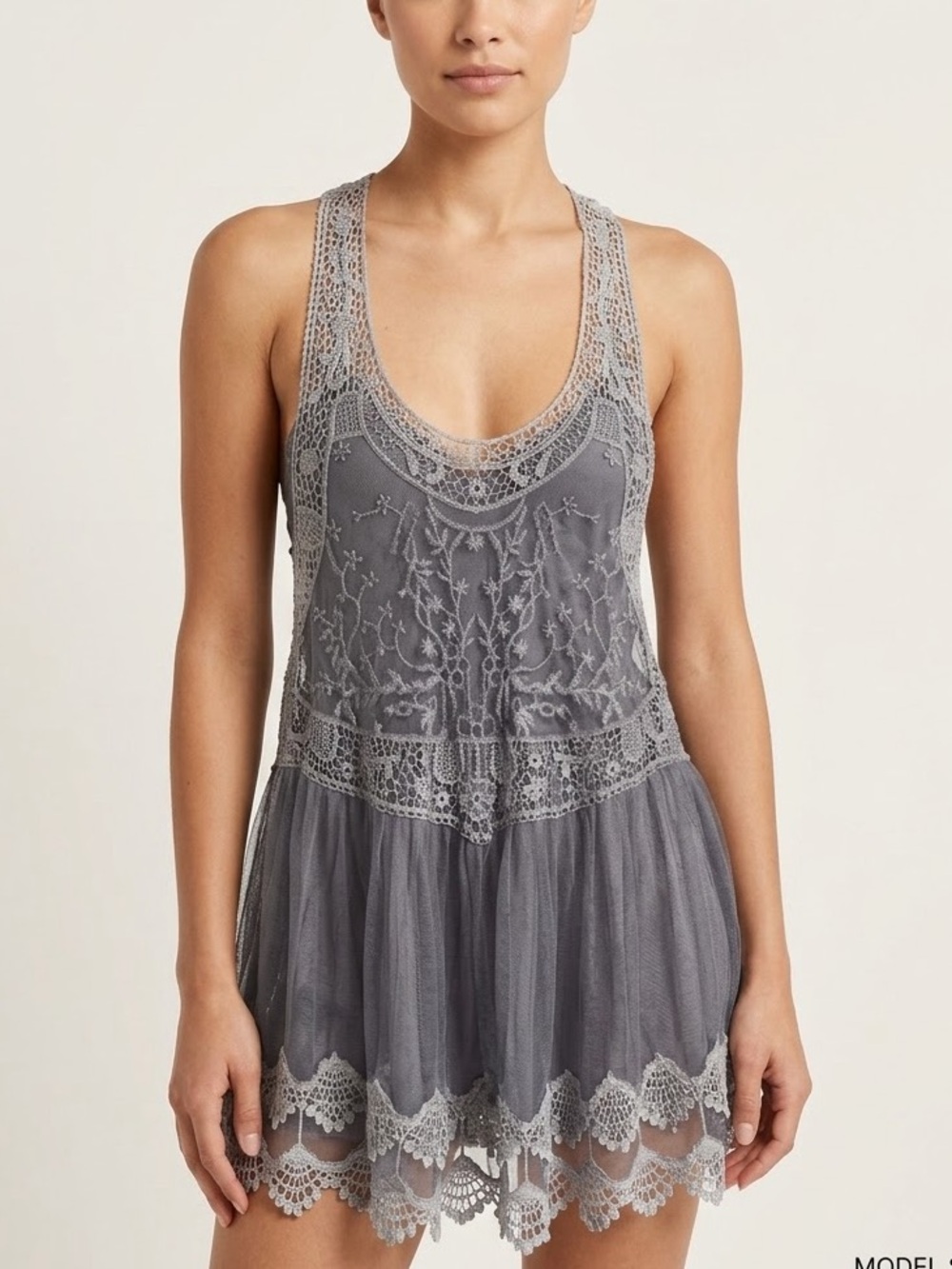 Voile Lace Trapeze Slip Tunic Dress Grey Boho Fairy Cami Tank Top S